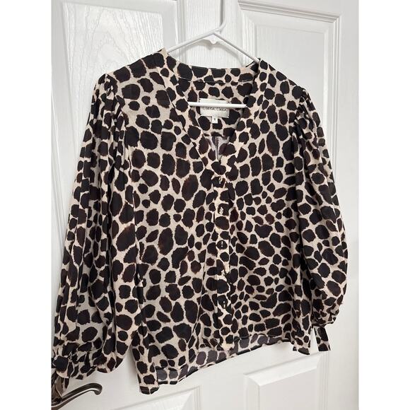 Cara Cara V Neck Blouse animal print cuff ties brown tan small - Picture 6 of 13